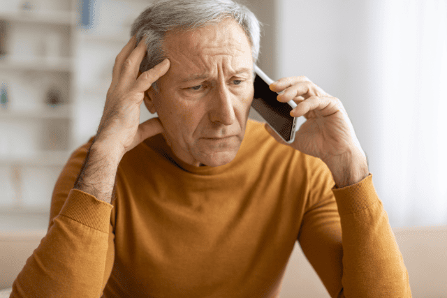 スマートフォンを耳に当てて頭を抱える男性