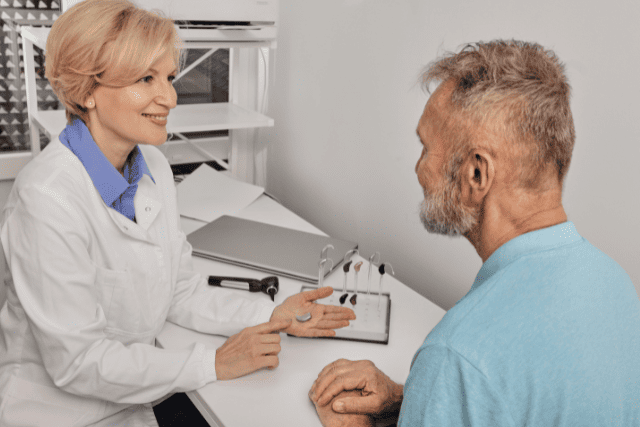 補聴器について説明する専門医