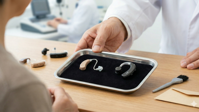 患者に補聴器を差し出す医者の手元