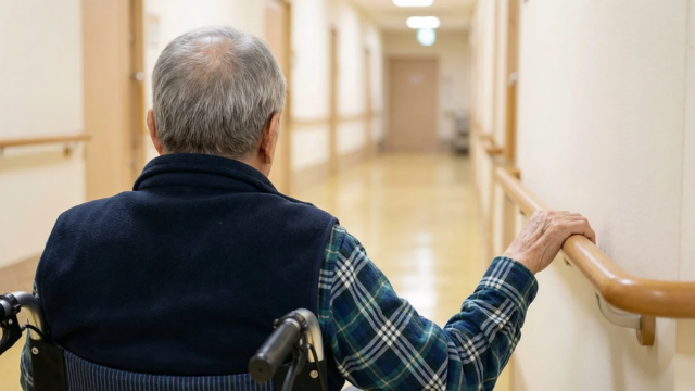 老人が病院の廊下を歩いている様子