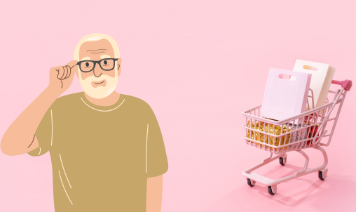 買い物カートと高齢男性のイラスト