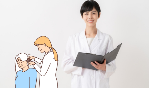 白衣の女性と高齢女性のイラスト
